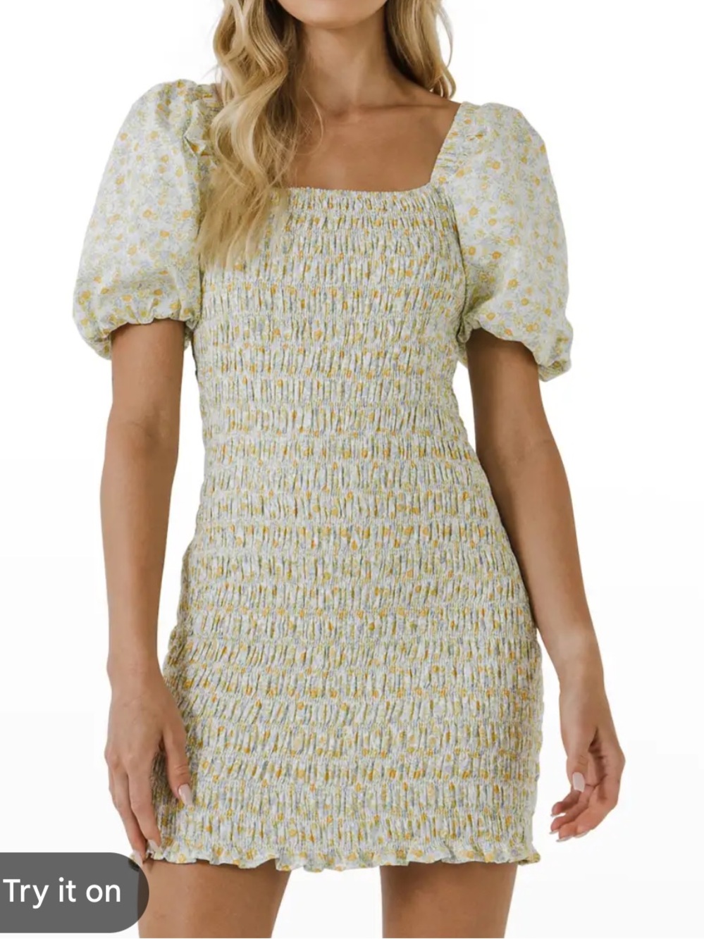 English Factory Yellow Floral Smocked Puff-Sleeve Mini Dress